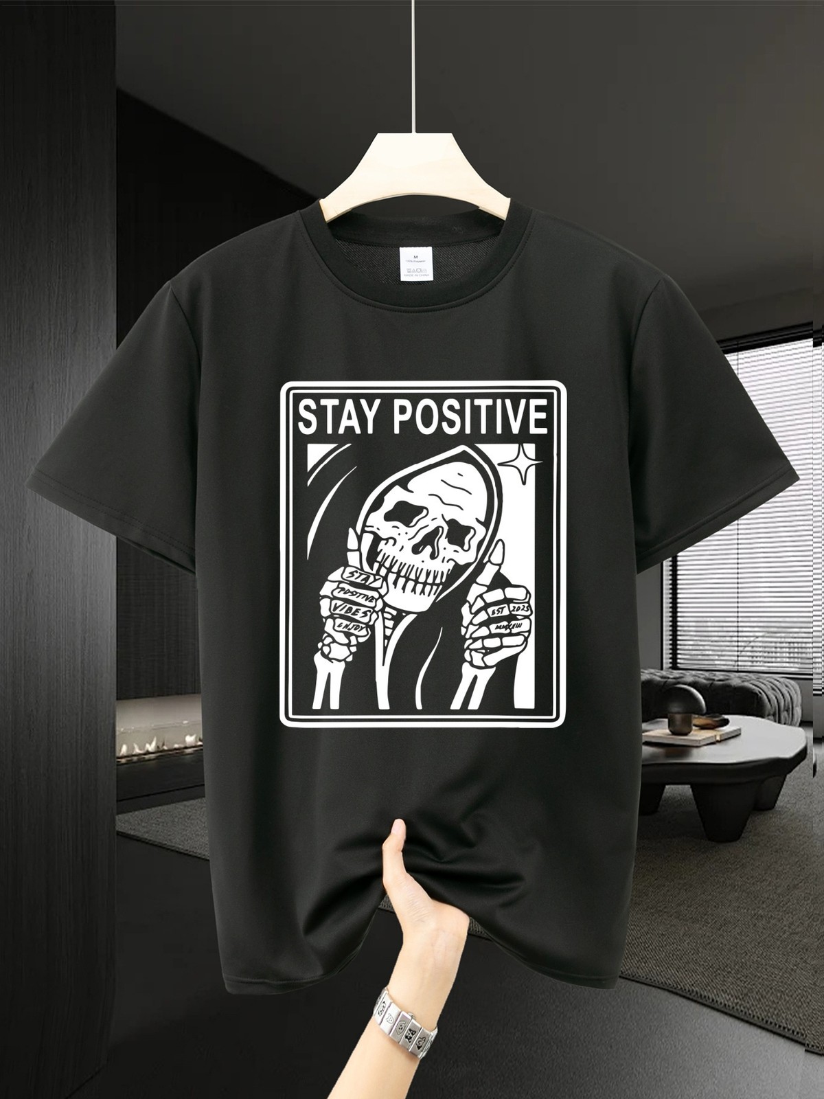 Stay Positive Skull Design Regular Fit Short Sleeve Tee for Streetwear Casual