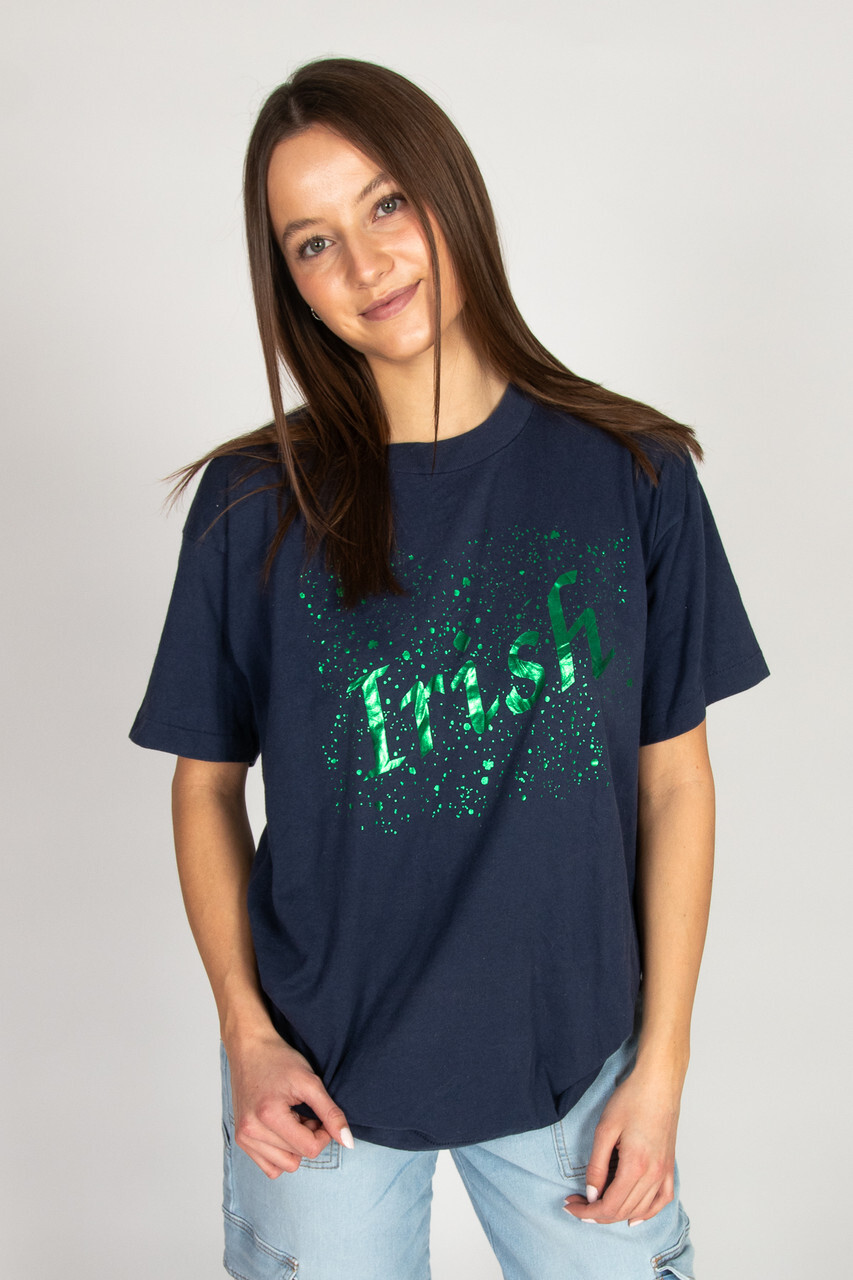 Vintage 1990s Irish Navy Blue T-Shirt Large Foil Graphic Short Sleeve
