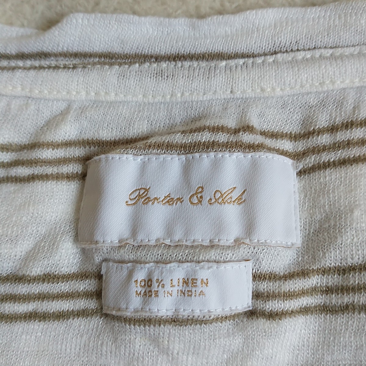 Porter & Ash T Shirt XL/L*White Green Olive Striped 100%Linen Crew Neck Neutral