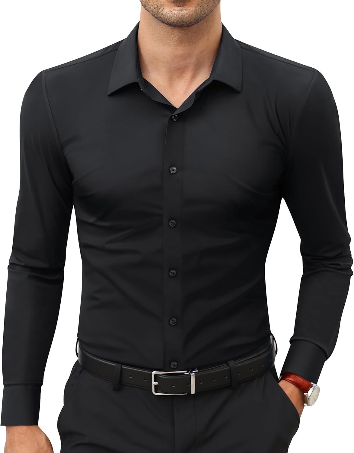 Stretch Slim Fit Wrinkle Free Long Sleeve Dress Shirt for Men Button Down
