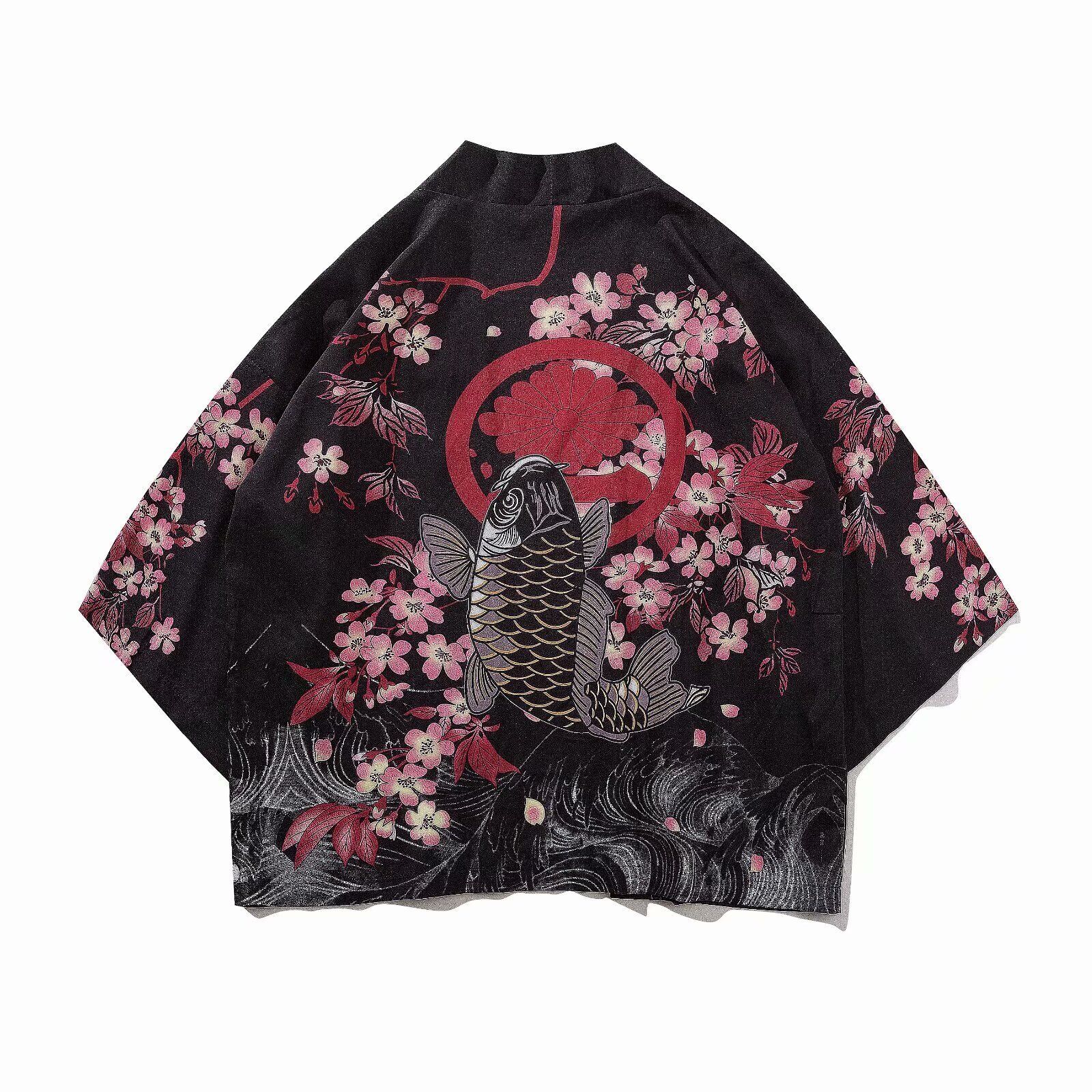 Niepce Streetwear Japanese Black Kimono Graphic Tee Fish Short Sleeves Shirt