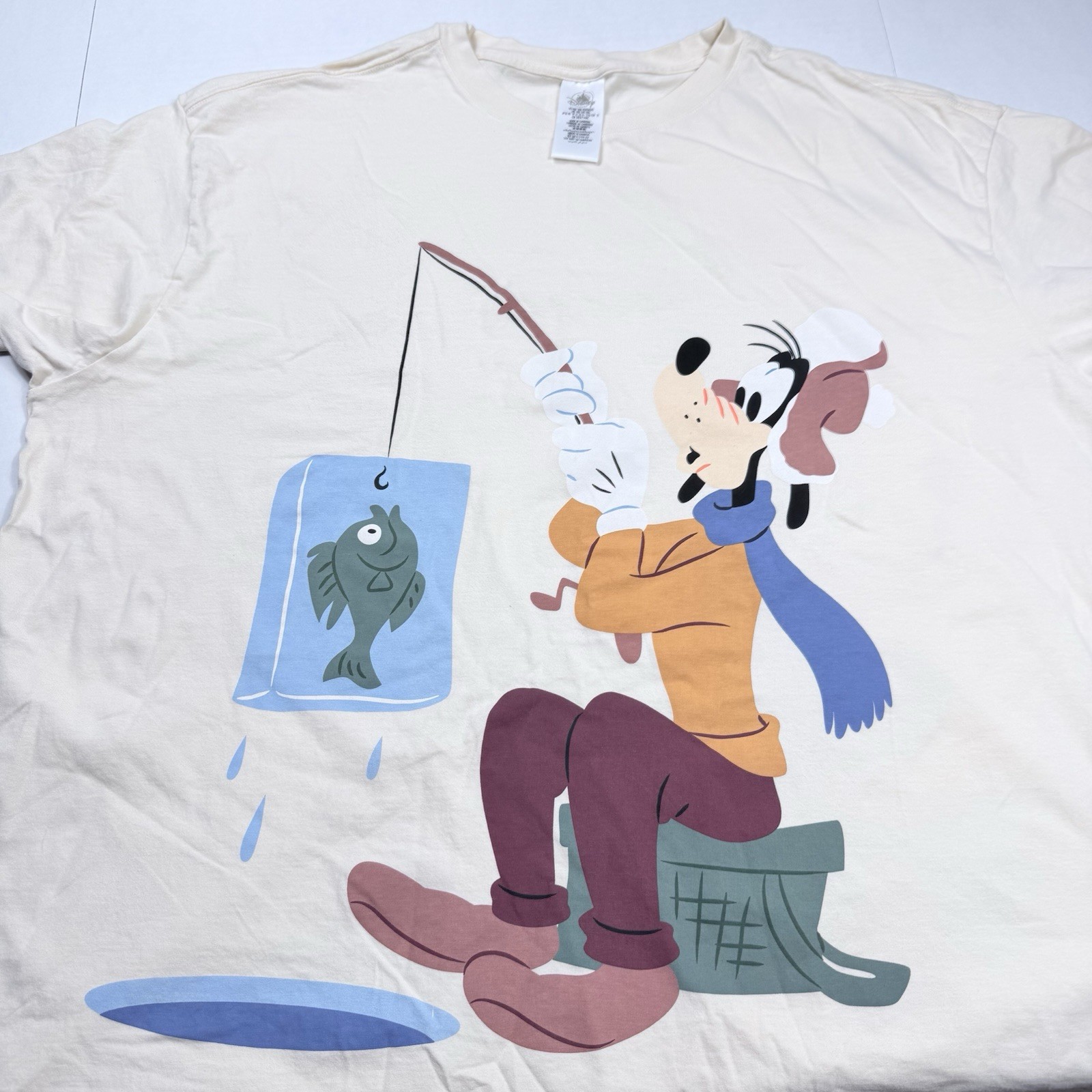 Disney Goofy Donald Duck Fishing Graphic T-Shirt Double Sided Print Beige SZ 3XL