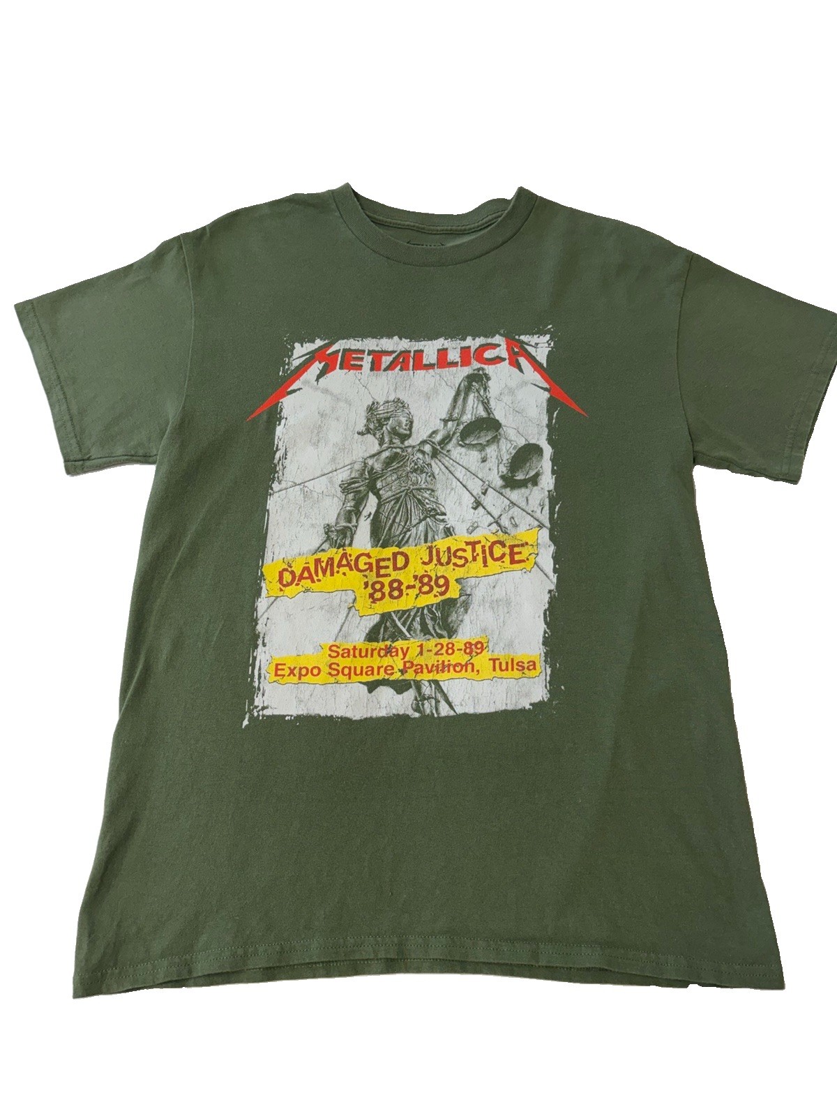 Metallica Shirt Mens Medium Green Damaged Justice 88-89 Tulsa Concert Tour Rock