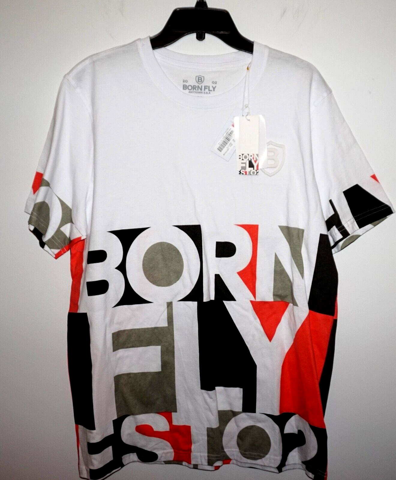 BORN FLY Mens T-Shirt White All Over Graphics Print 2XL 100% Cotton Born Fly NWT