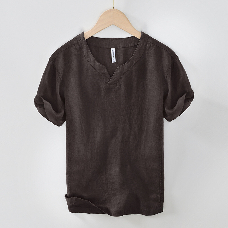 Men 100% Linen T-shirt V Neck Summer Short Sleeves Retro Tops Casual Undershirt