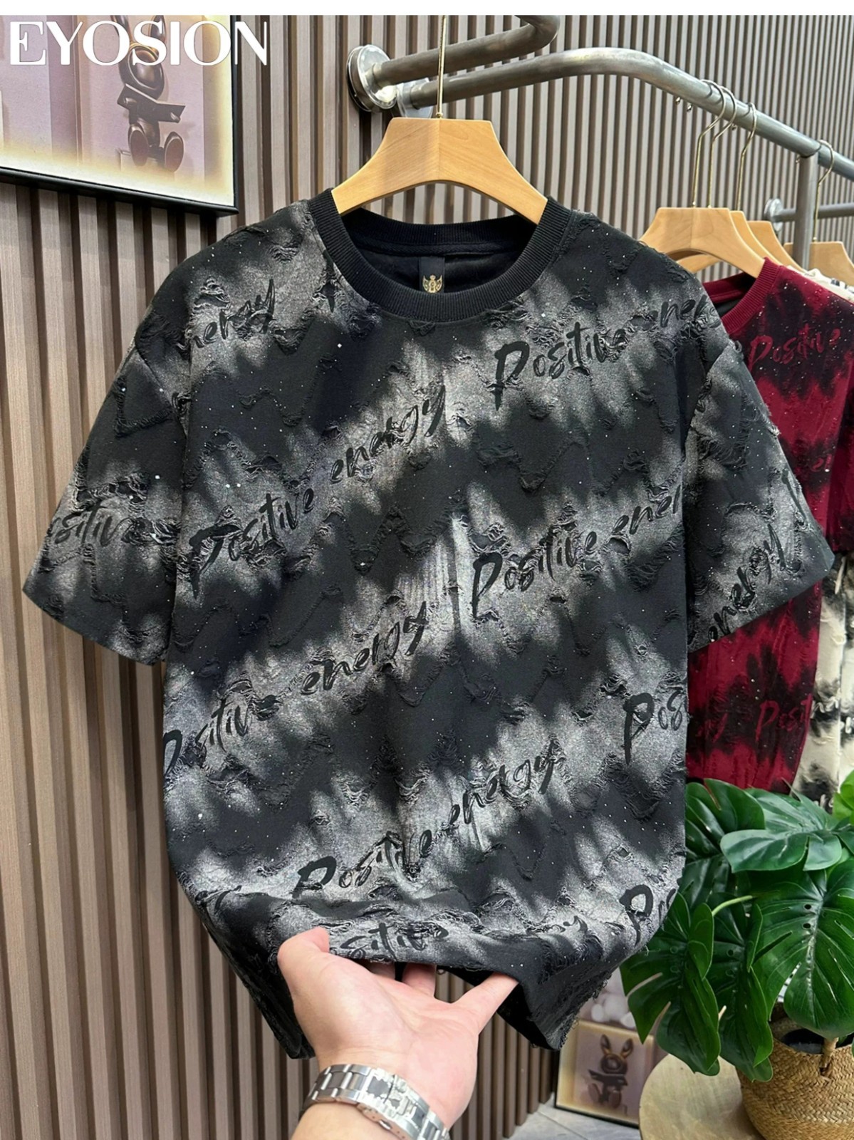 Men Distress Tie Dye Ripped Hole T-Shirt Casual Streetwear Crew Neck Slit Tee