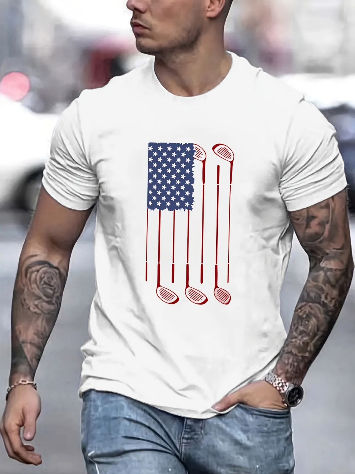 Men’s USA Golf Flag Graphic T-Shirt Patriotic Golfer Casual Tee