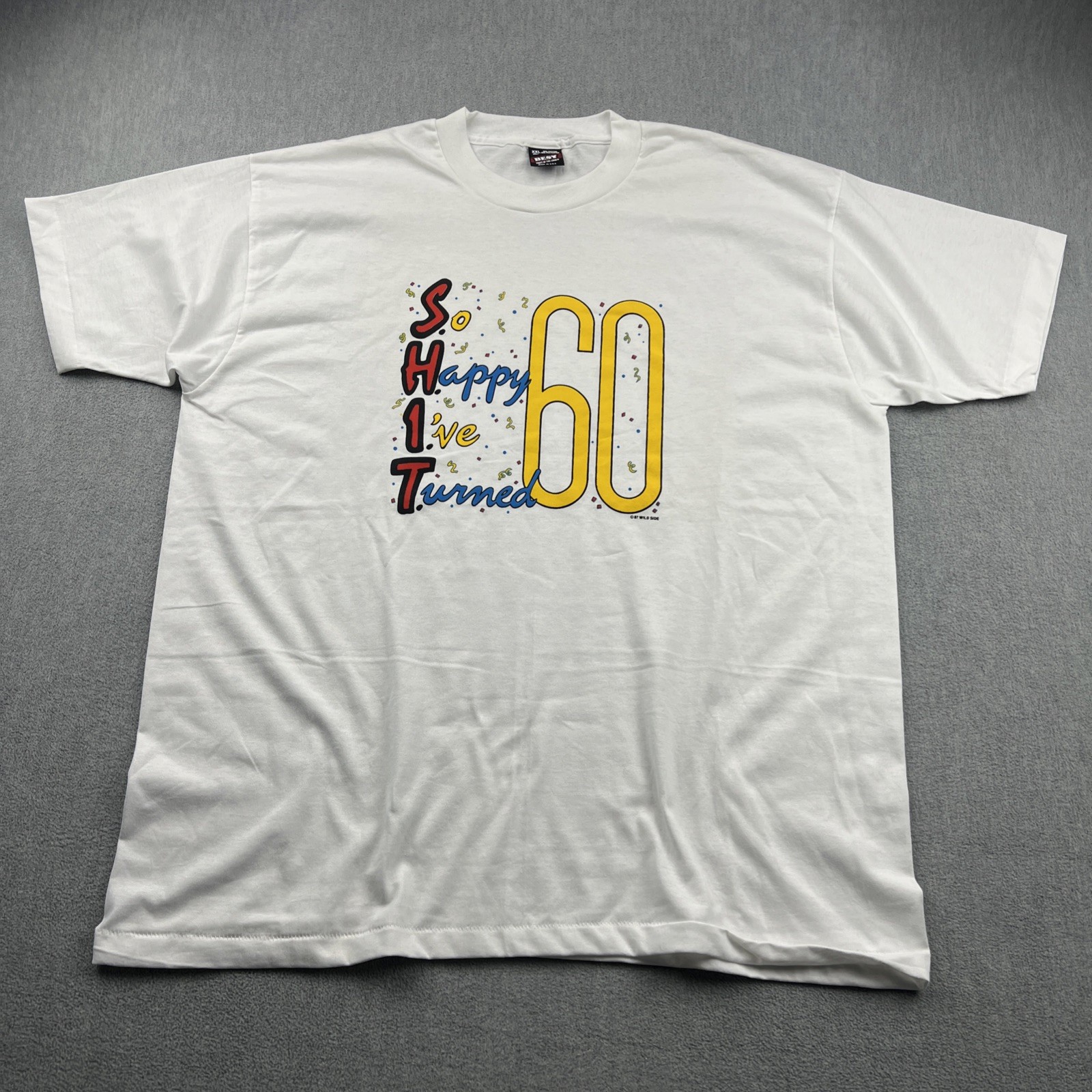 Vintage 80s Single Stitch S.H.!.T. 60th Birthday T-Shirt Mens XXL White USA Made