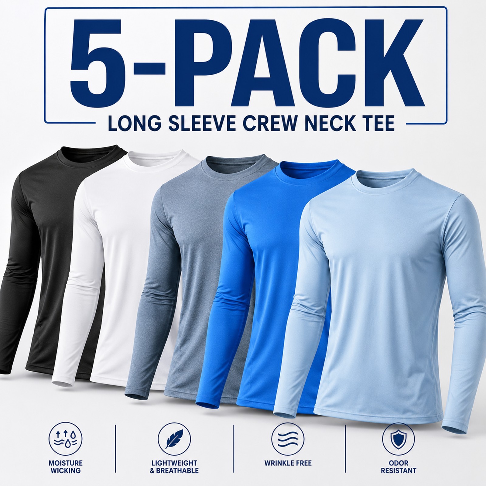 5-Pack Men’s Moisture Wicking Long Sleeve Peformance Athletic Tee T-Shirt S-2XL