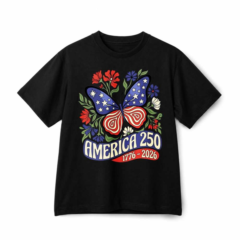 Boho Star Stripe Butterfly Floral America 250 1776-2026 PatrioticCotton T-Shirt