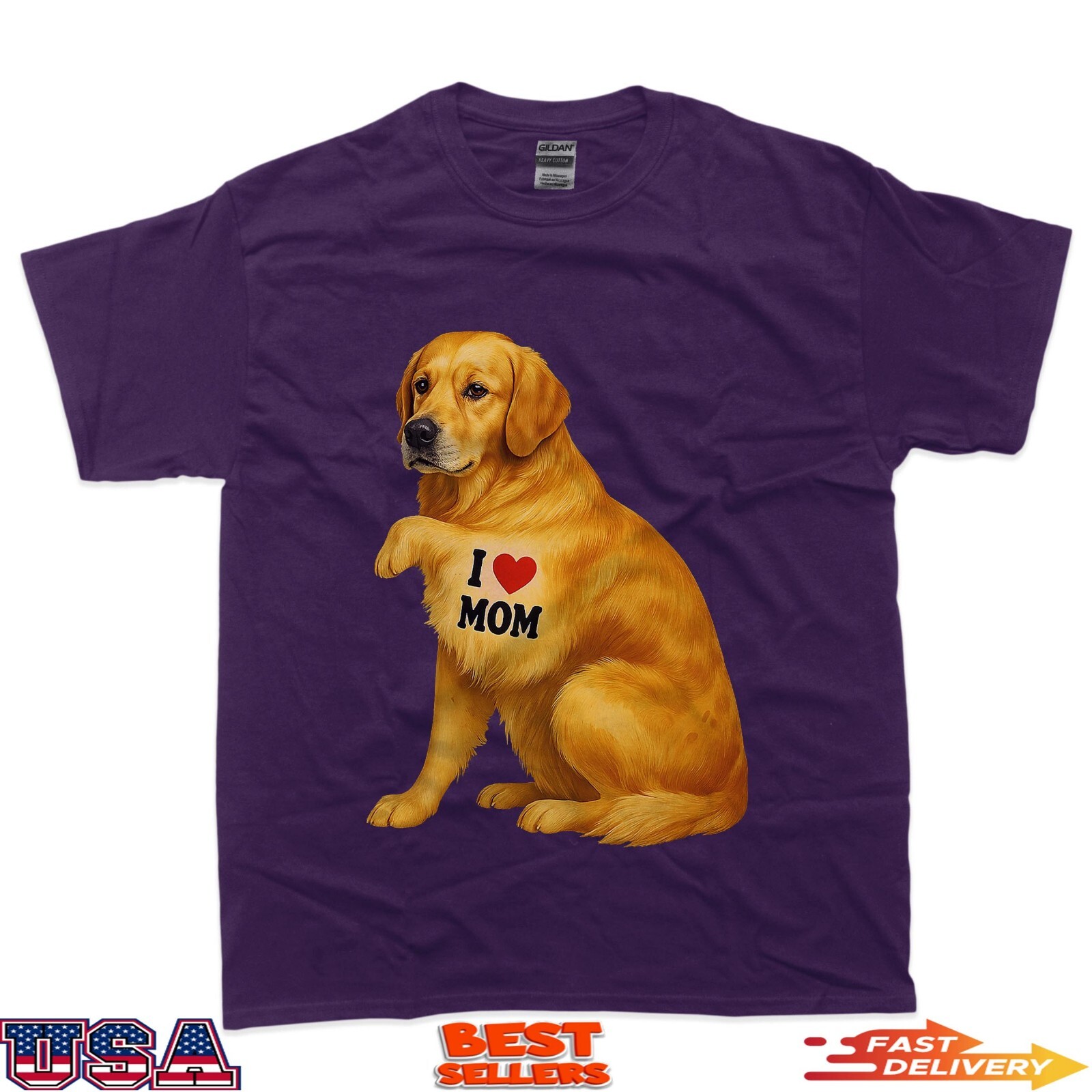 Patriotic I Love Mom Golden Retriever Funny Mama Dog Owner T-Shirt