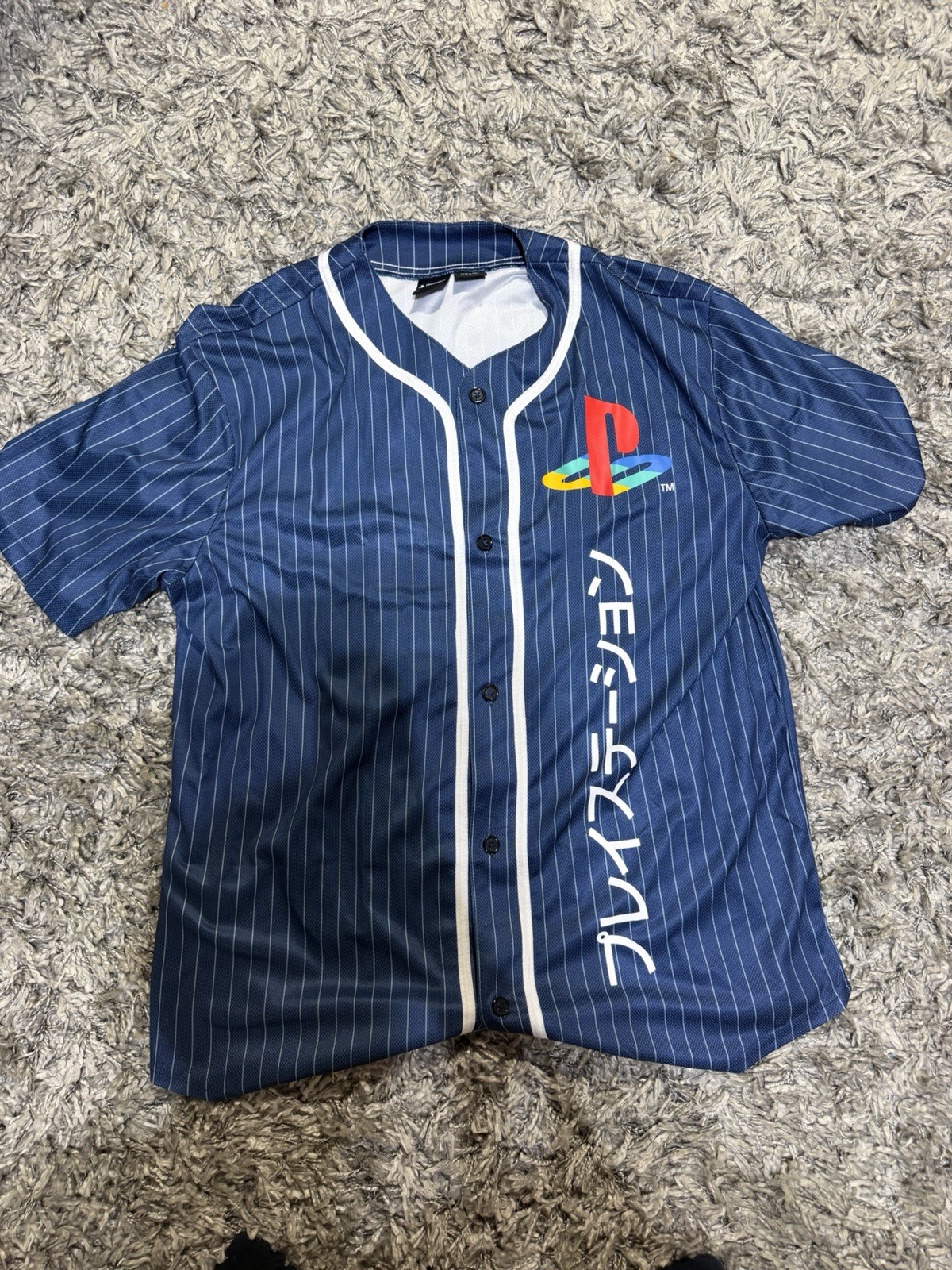 PlayStation Katakana Kanji Baseball Jersey Official License Navy Pinstripe L NWT