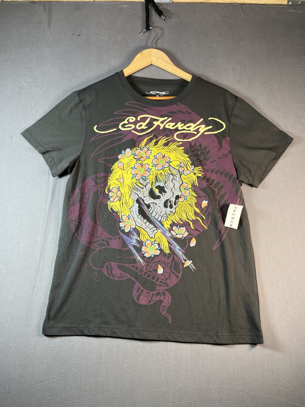 NWT Ed Hardy T-Shirt Mens M Black Archive Lightning Skull Tee Shirt Short Sleeve