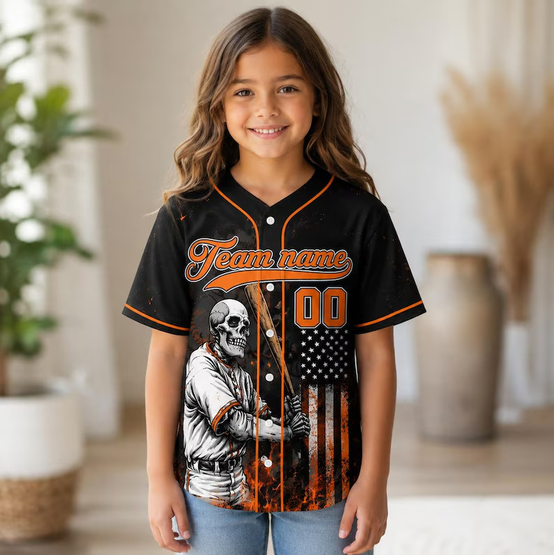 Custom Skull Baseball Player Fire Flag Jersey Personalized Name Number