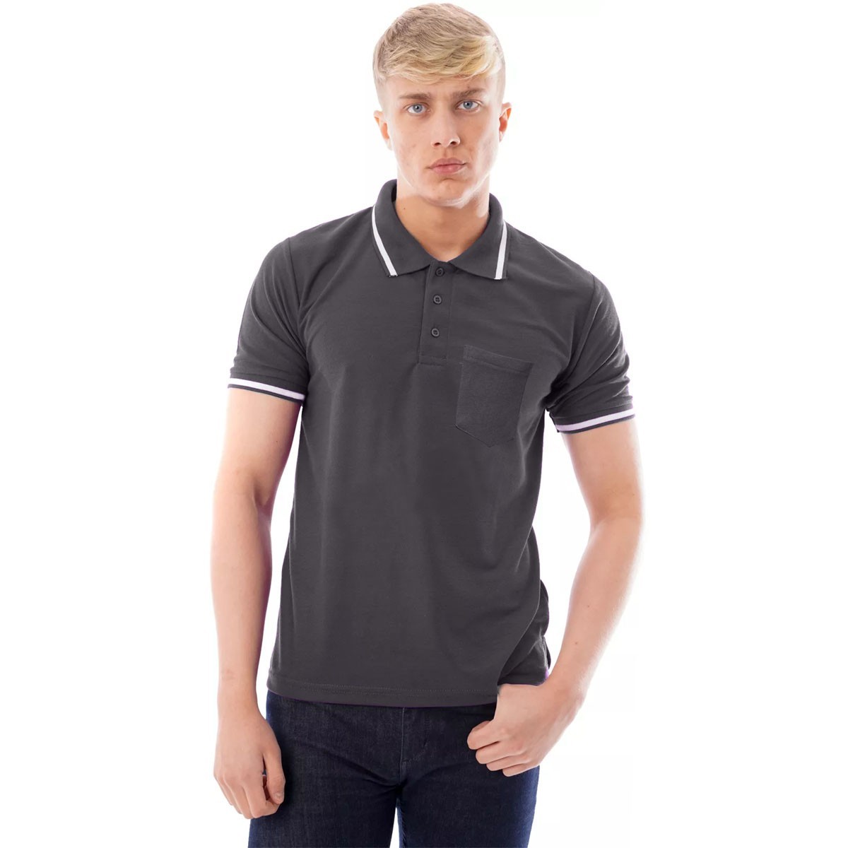 Men’s Polo Short Sleeve Pique Plain Single Tipping Chest Pocket Casual Tee Top