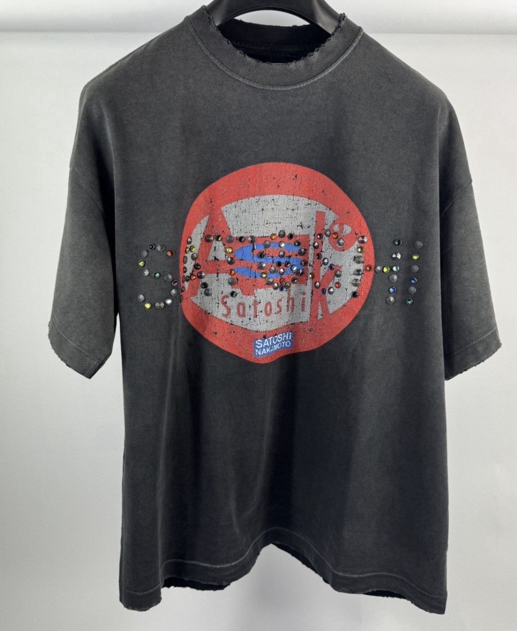 Satoshi Nakamoto – Rhinestone Cracked Print Oversized T-Shirt Size: S Fits M/L