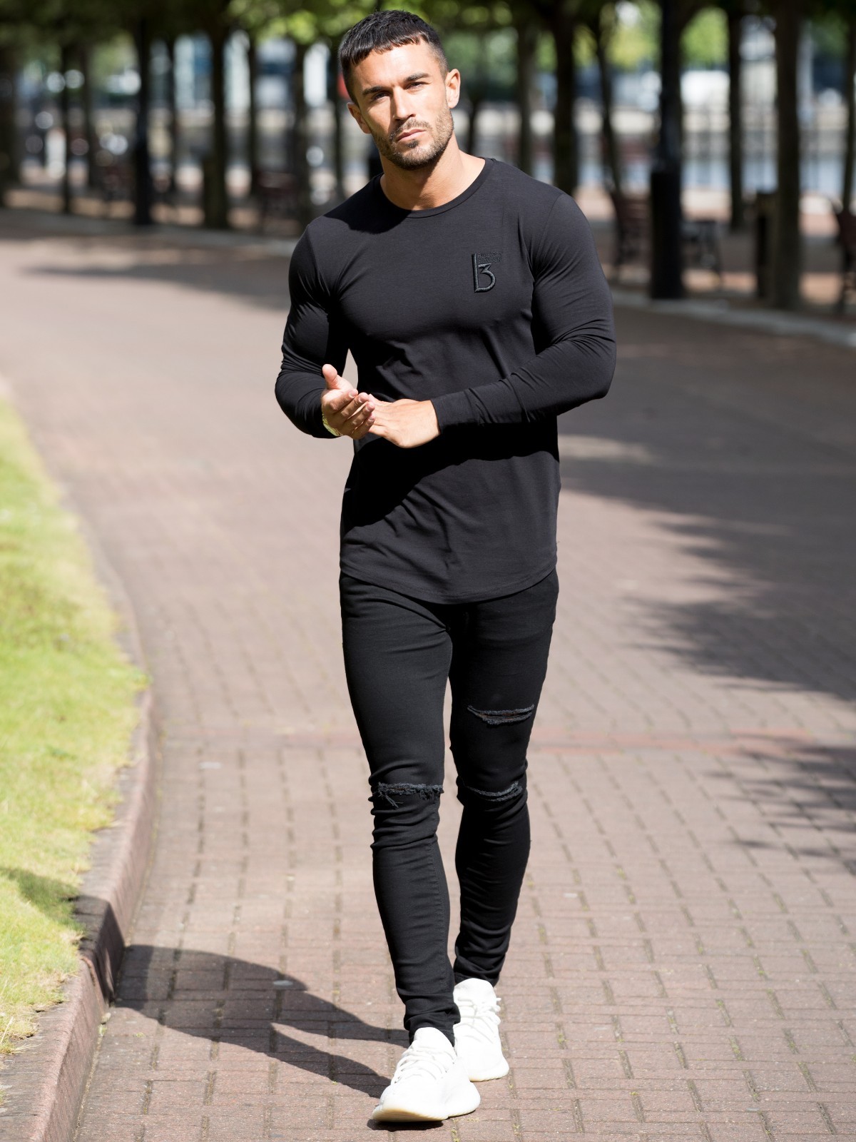 BBH Mens Gym T shirt Longline Slim Muscle Fit Long Sleeve Plain Curved Hem Tee