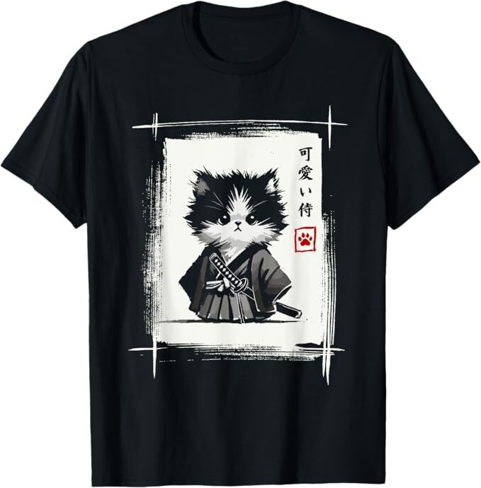Samurai Cat Japanese Art Sumi-e Novelty Kawaii Funny Cat T-Shirt