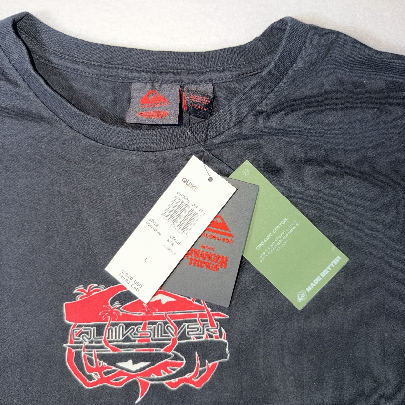 NWT Quiksilver Stranger Things Tee Mens Large Black Graphic Surf Skate Shirt