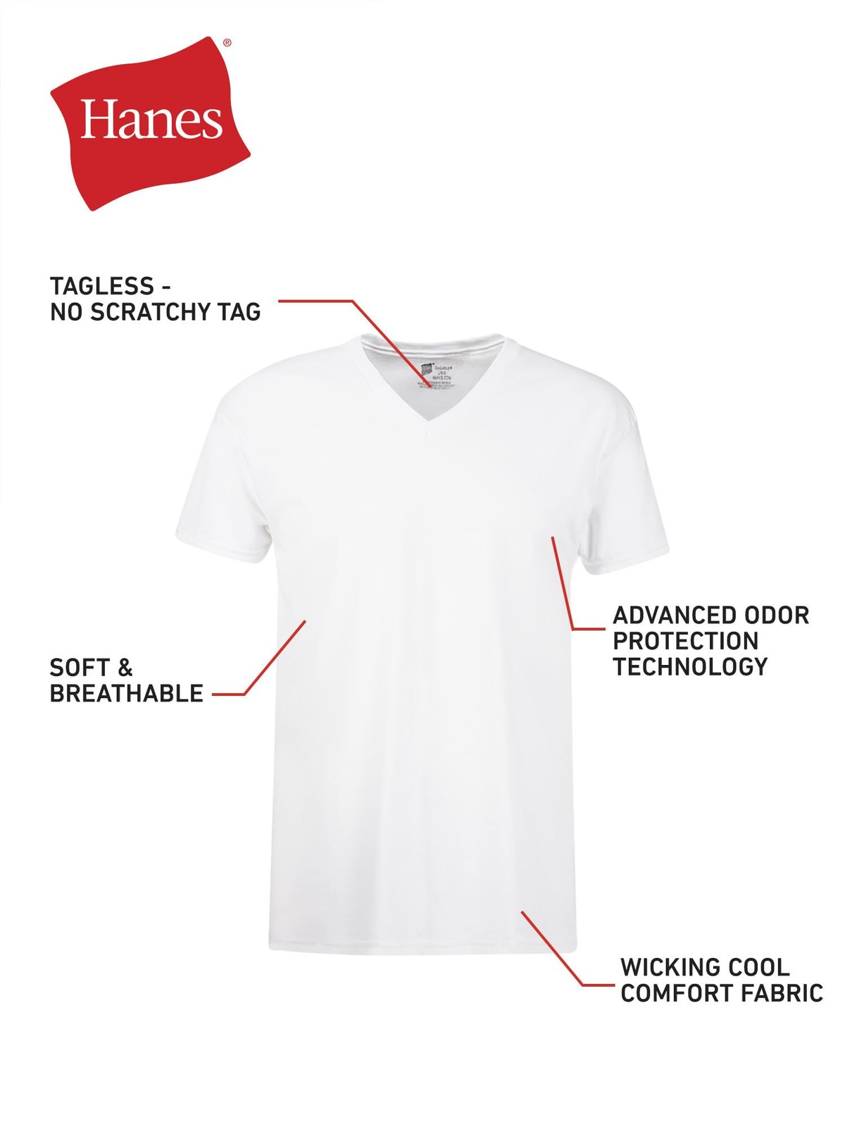 Hanes Mens Cotton, Moisture-wicking V-neck Tee Large, White – 6 Pack