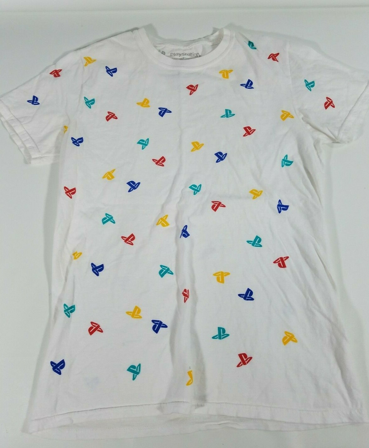 Sony Playstation Logo White T Shirt All Over Multi-Colored Logo’s Small