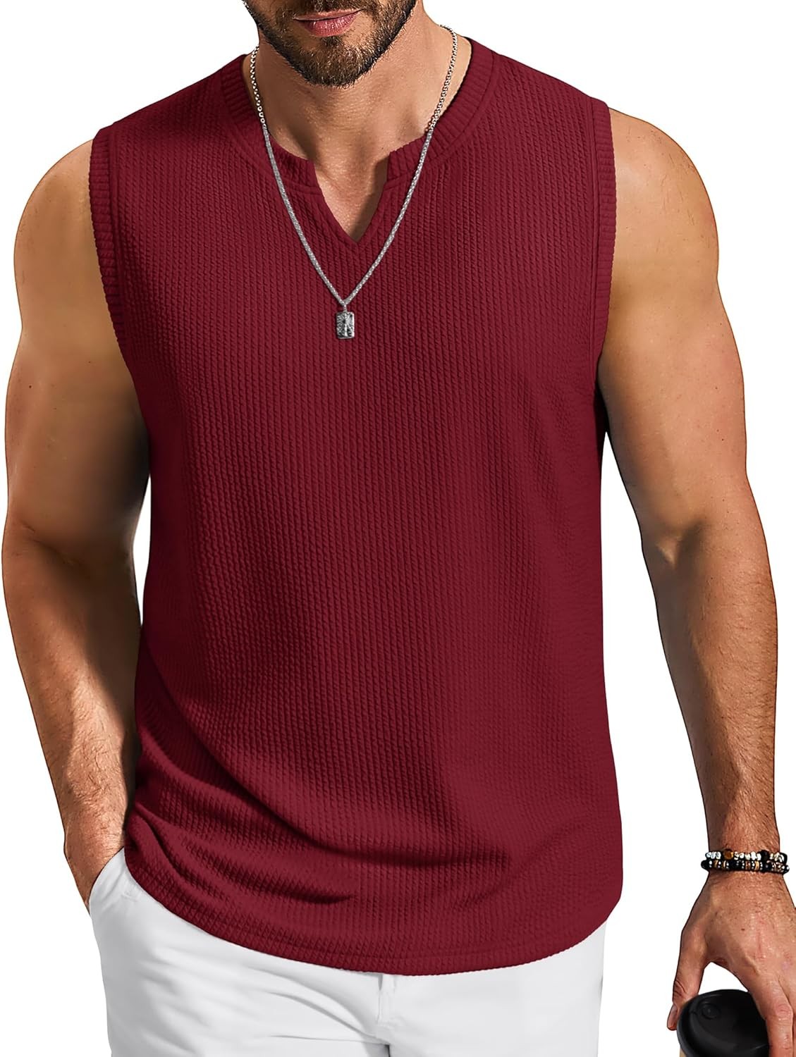 Mens Knit Jacquard V Neck Tank Tops Textured Retro Beach Casual Sleeveless Shirt
