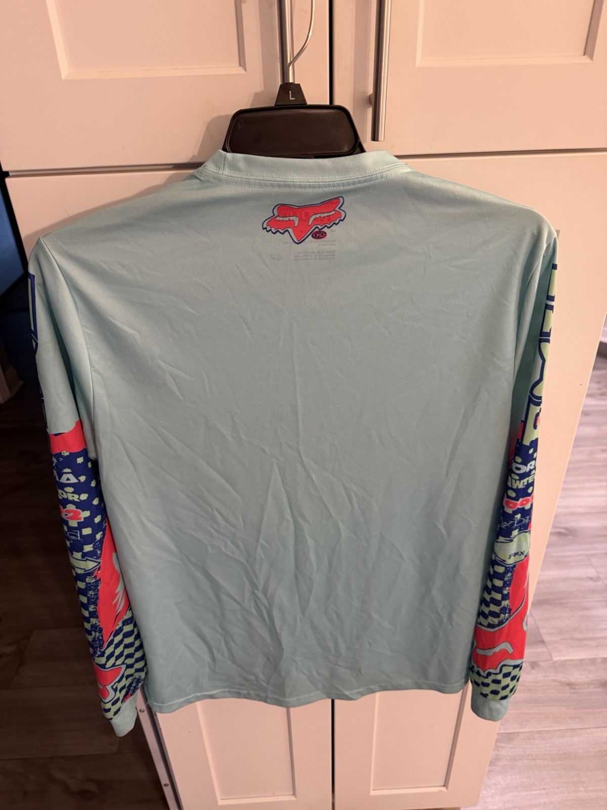 Fox Racing Motocross Graphic Long Sleeve Tee Shirt Size Medium Light Blue Multi