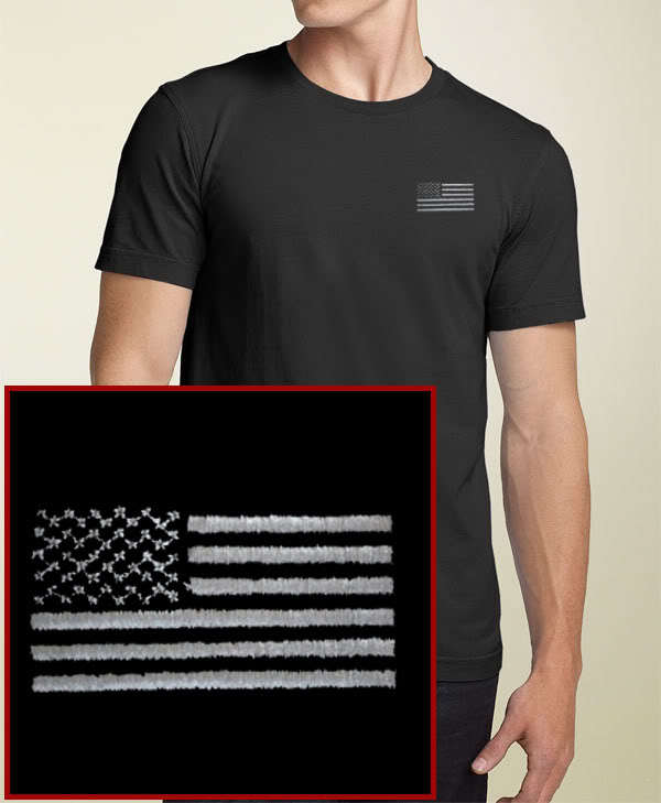 Blacked Out American Flag EMBROIDERED Black T-Shirt USA