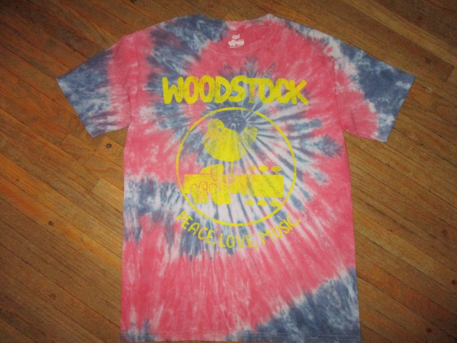 TIE DYE WOODSTOCK PEACE LOVE MUSIC T SHIRT Retro Concert Hippie Guitar Logo MED