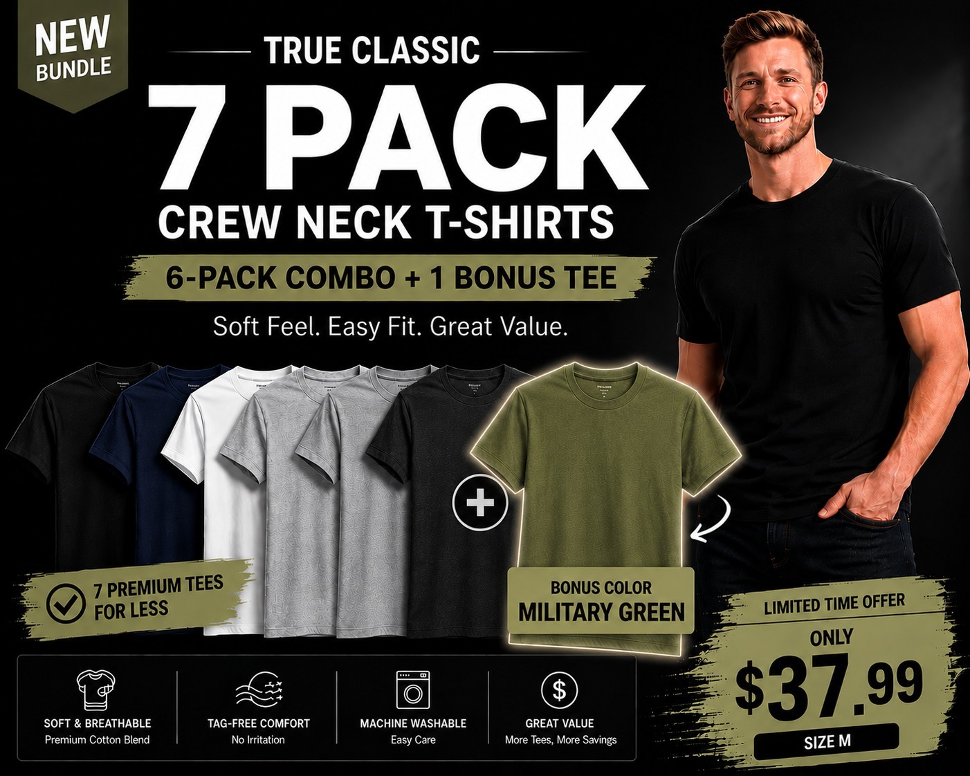 🔥 True Classic 7-Pack Crew Neck T-Shirts | Size M | + Bonus M.Green Tee