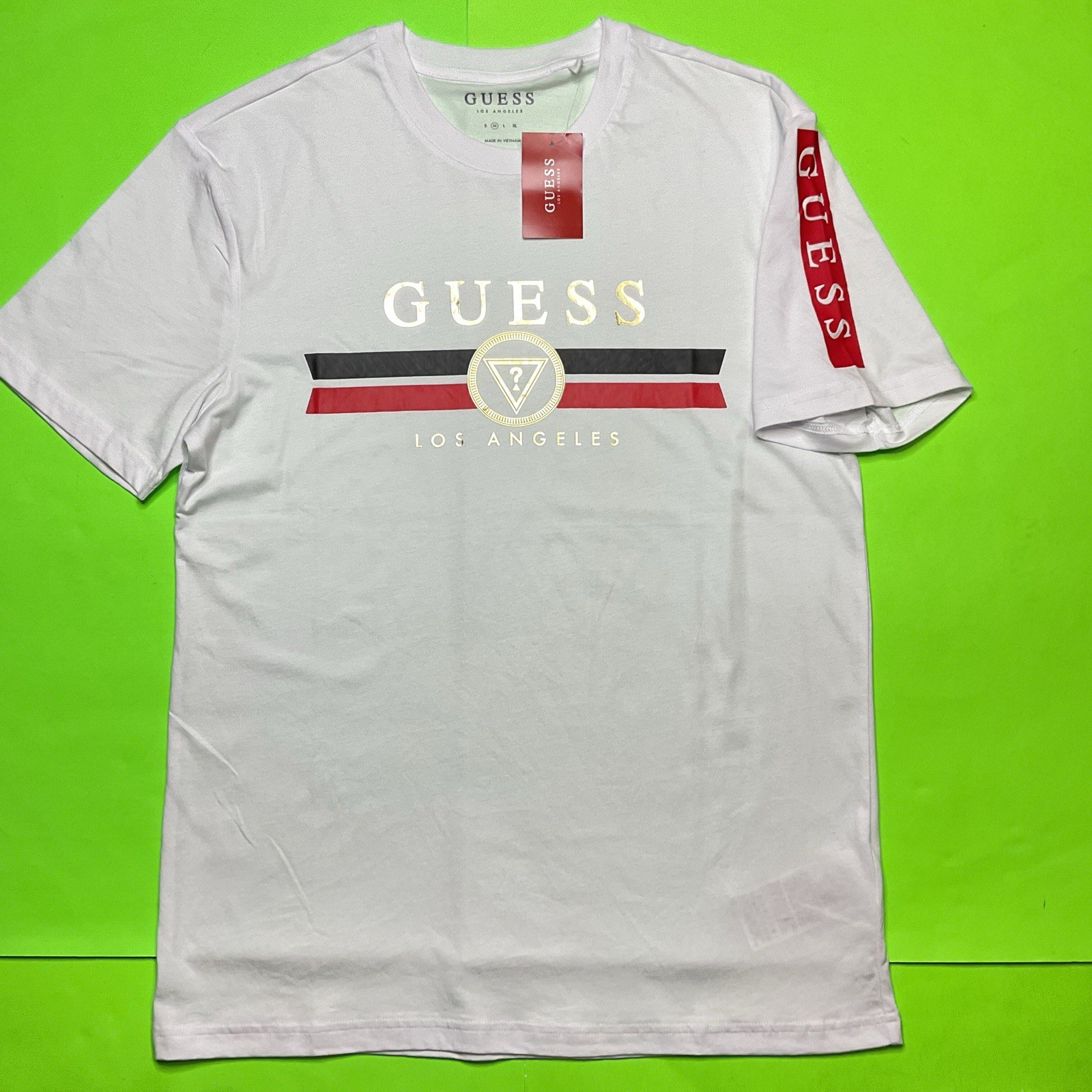 GUESS Los Angeles Men’s Short Sleeve T-Shirt MEDIUM White w/Black, Red, Gold NEW
