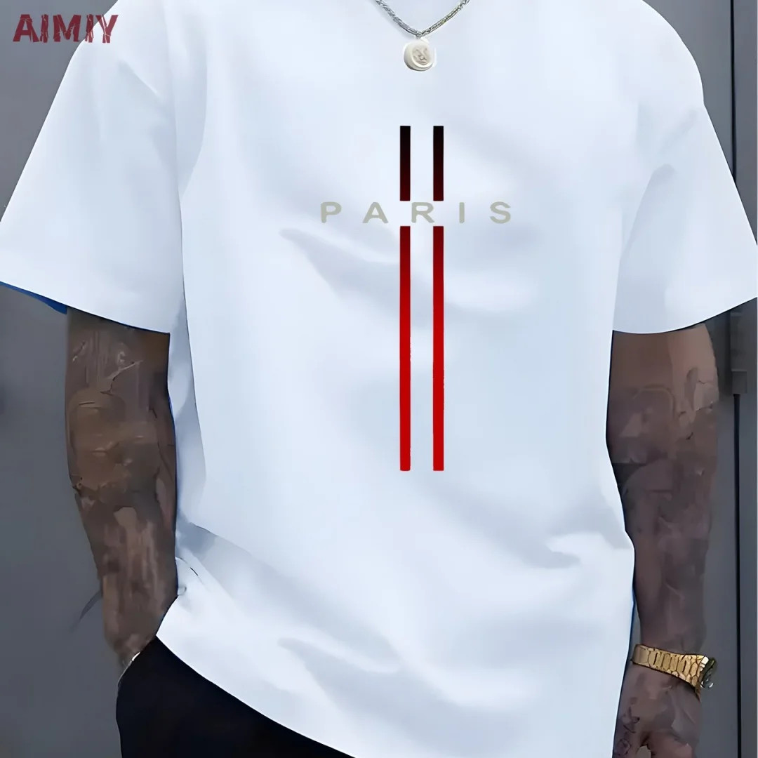 Summer Men’s T-shirt Top Casual Loose Fit Oversized T-shirt PARI Letter Pattern
