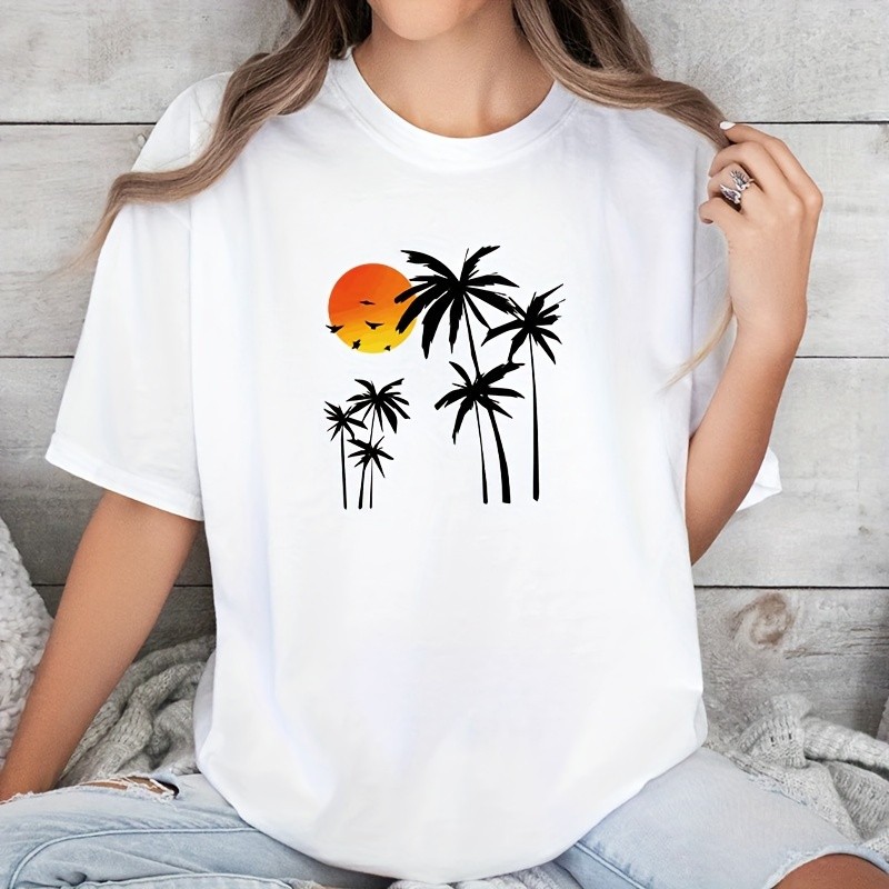 Tropical Sunset Palm Tree Graphic Tee – Retro Beach Vibes Summer Shirt