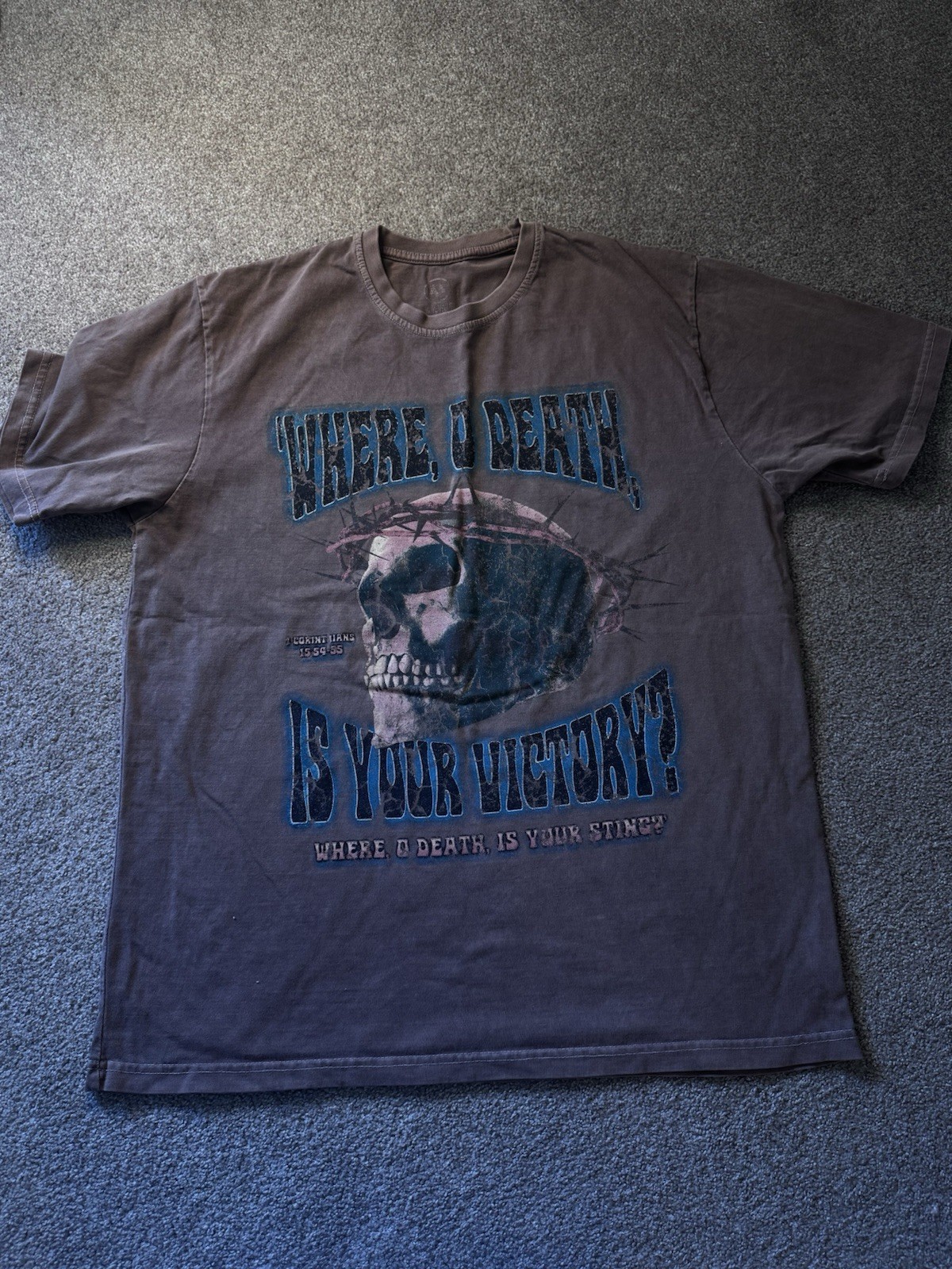 Vintage Graphic Skull T-Shirt Where O Death Is Your Victory Size L