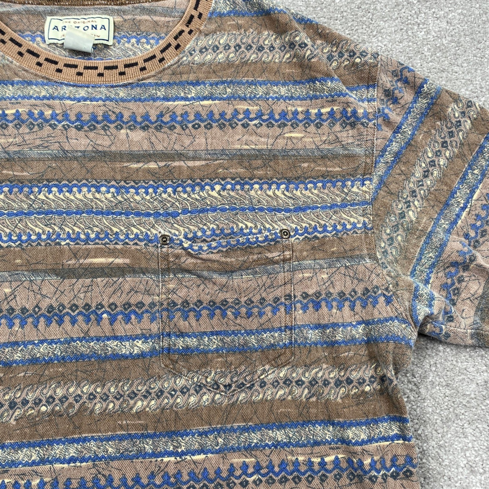 VTG Arizona Company Mens T Shirt L G Geometric Pattern Pocket Tee Brown Blue