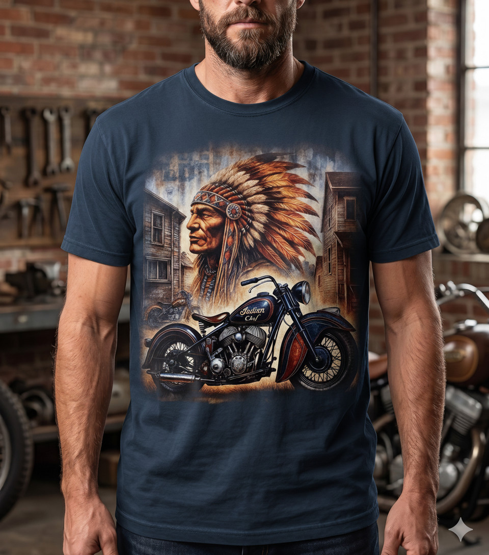 Vintage Indian Motorcycle T-Shirt Native American Chief Dark Blue Biker Tee