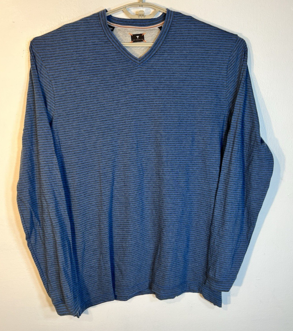 Left Coast Tee Men’s XL Blue Striped Cotton Long Sleeve V Neck