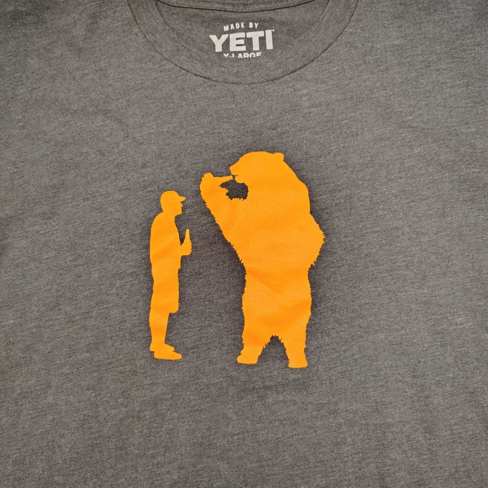 YETI Bear & Man Sharing Drink Graphic T-Shirt XL Gray Orange Men’s X-Large