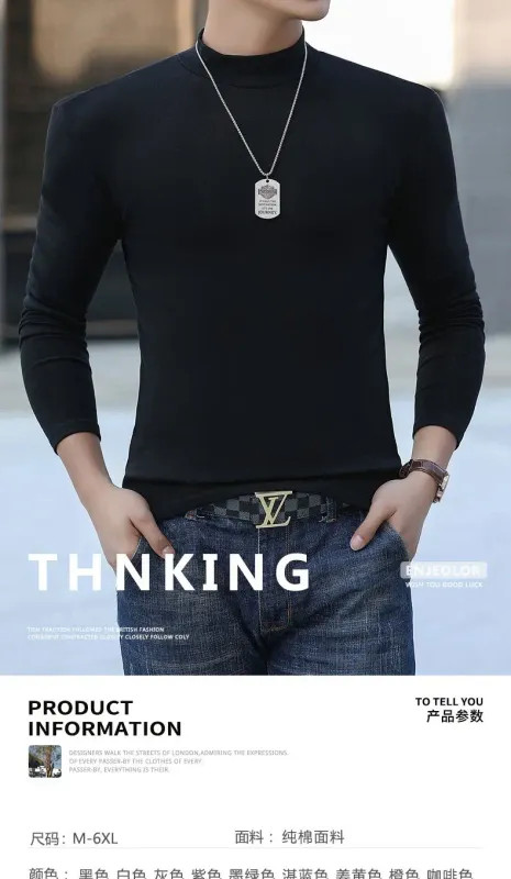 Fashion Men’s Oversize High Collar Long Sleeves Autumn Winter Pure Thermal Shirt