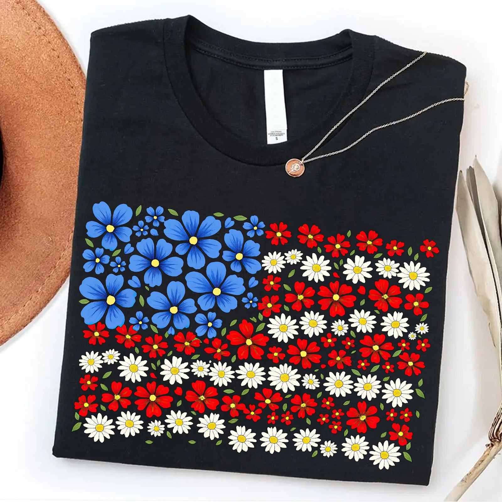 Floral American Flag Shirt 4th of July Patriotic Wildflower USA 250th Unisex Tee