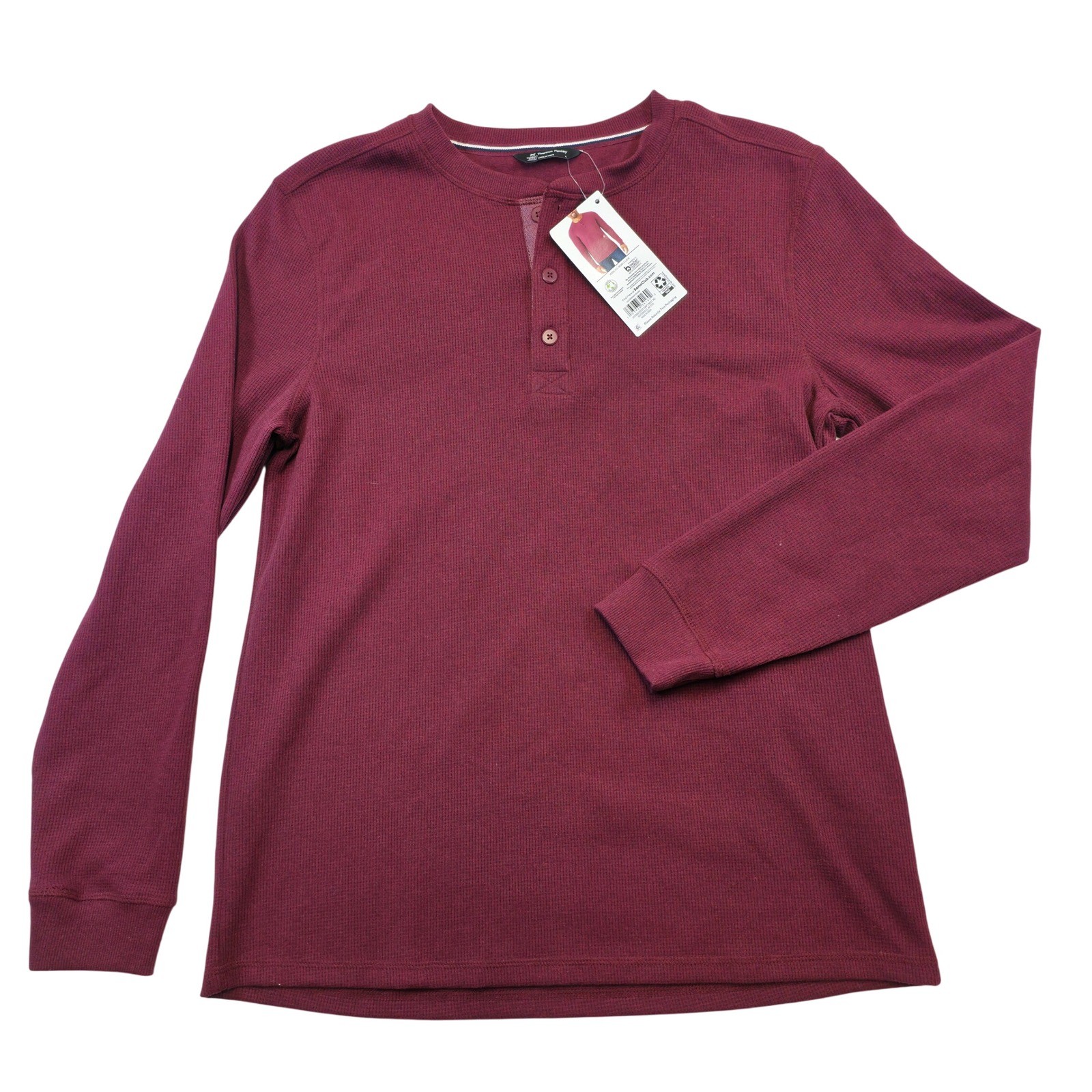 NWT Member’s Mark Thermal Henley Maroon L Waffle Knit Cotton Poly Blend Stretch
