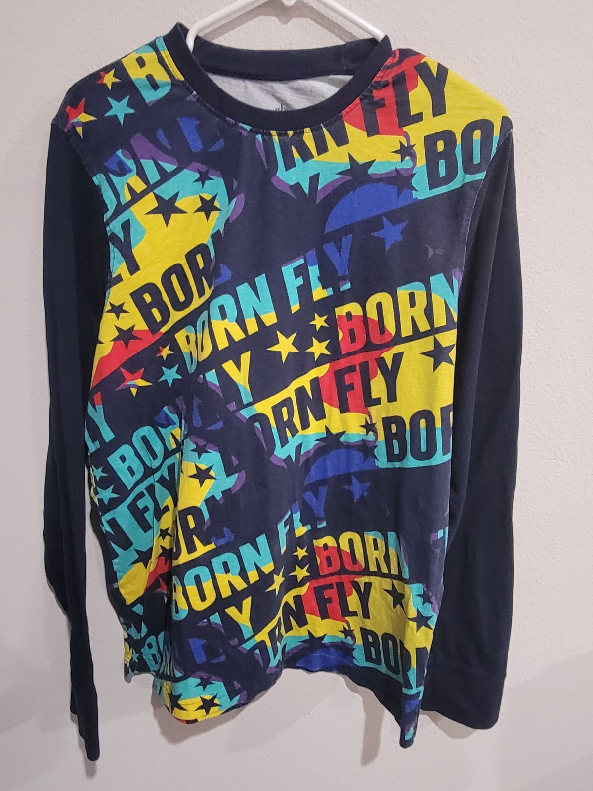 Born Fly Graphic All Over Logo Print Long Sleeve T-shirt Multicolor Urban Sz L