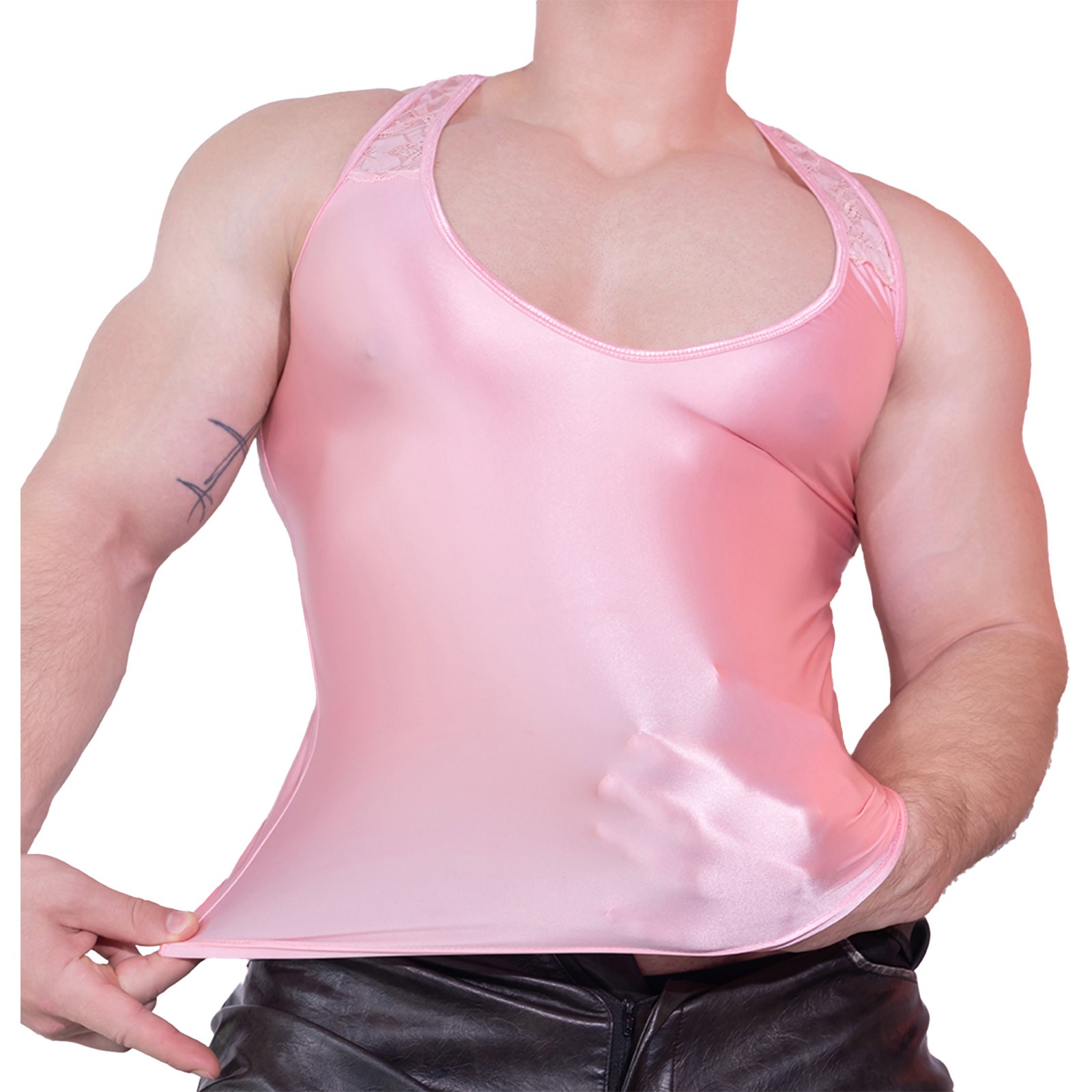 Men Lace Patchwork Glossy Tank Top Scoop Neck Sleeveless Sports Tops Vest