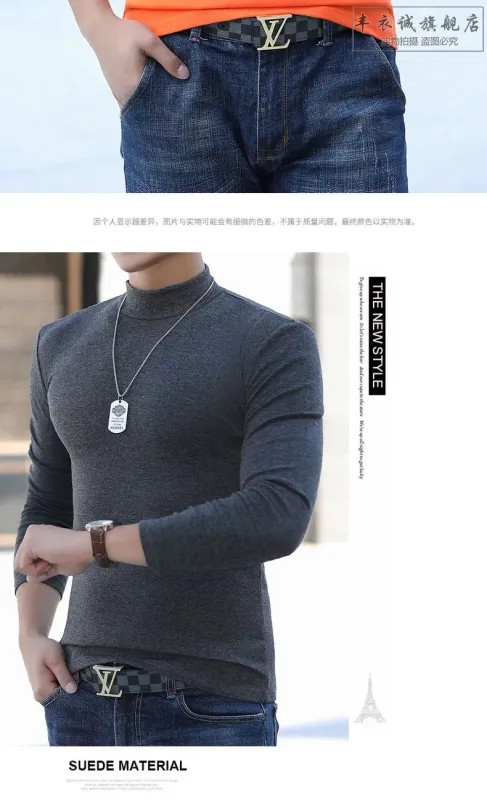 Fashion Men’s Oversize High Collar Long Sleeves Autumn Winter Pure Thermal Shirt