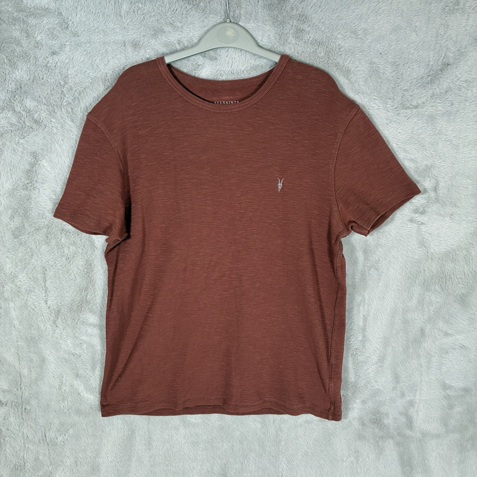AllSaints ESUM T-Shirt Mens Large Brown Woven Cotton Short Sleeve Crew
