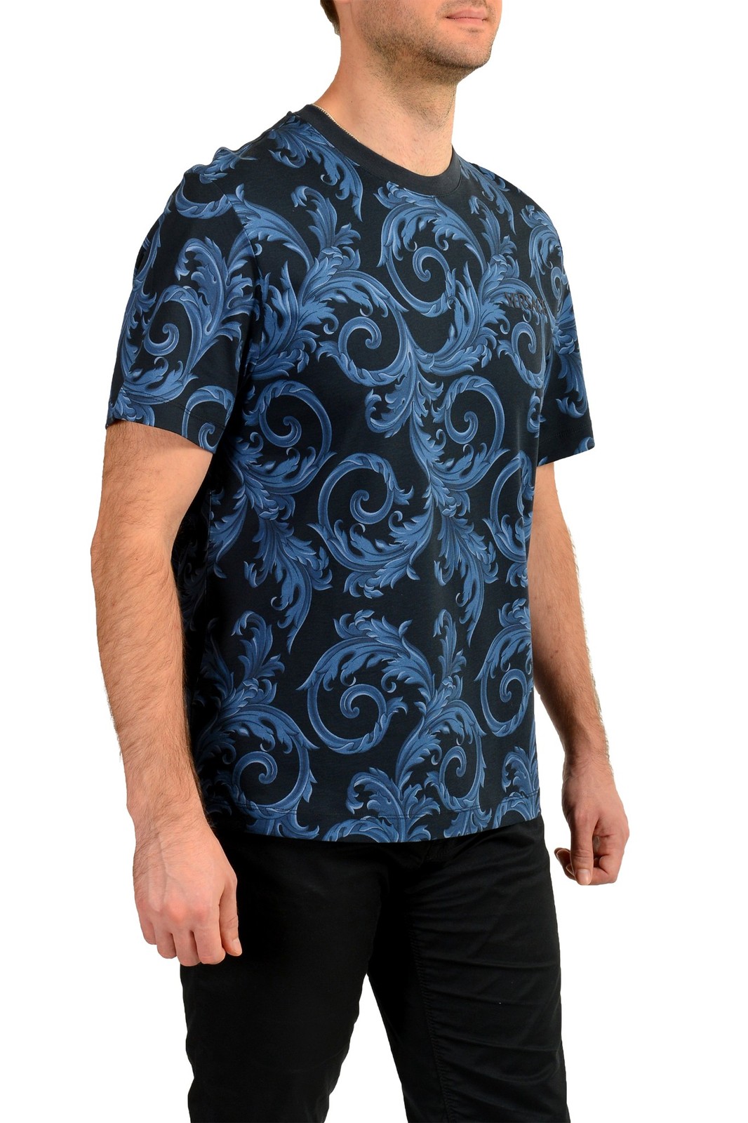 Versace Men’s Navy Blue Barocco Logo Print Short Sleeve T-Shirt US 2XL IT 56
