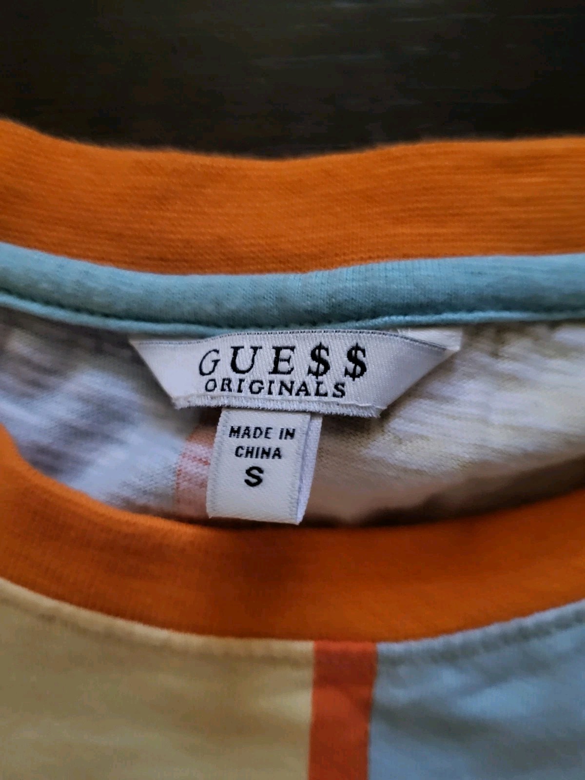 GUESS Originals GUE$$ Jeans Striped Embroidered Logo T-Shirt Yellow Blue S