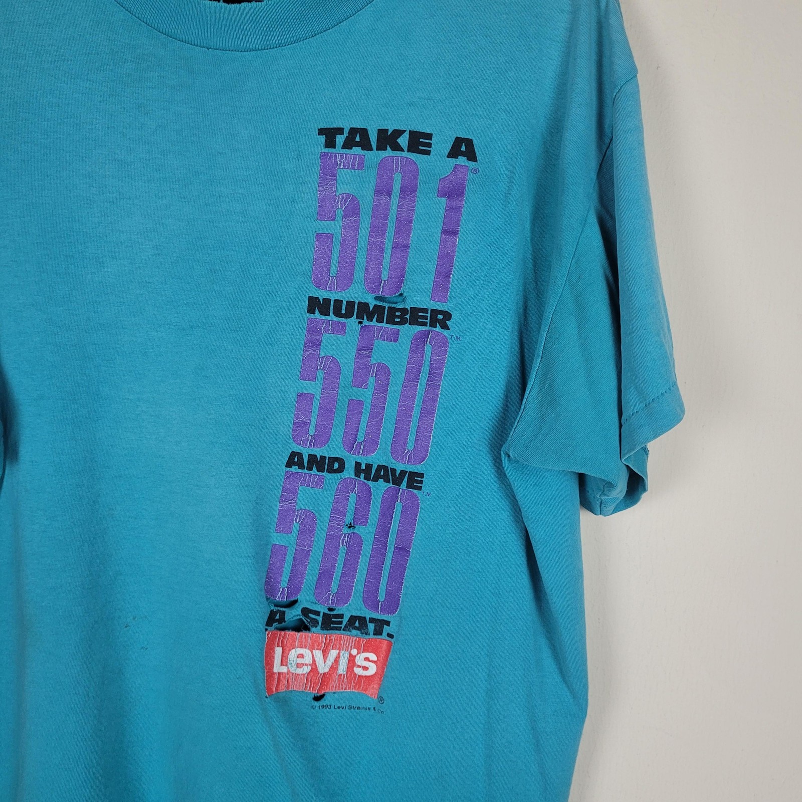 Vintage Levi’s T-Shirt Large Blue Teal Single Stitch Take A Number 501 1993 USA