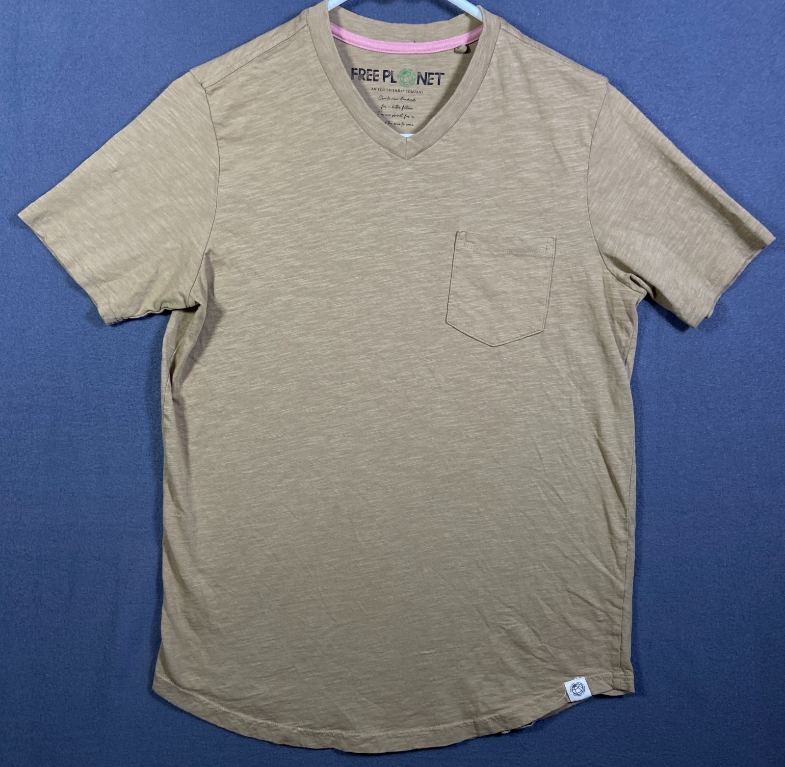 Free Planet Organic Cotton Men’s T Shirt Sz. Small Heather Tan V Neck Super Soft