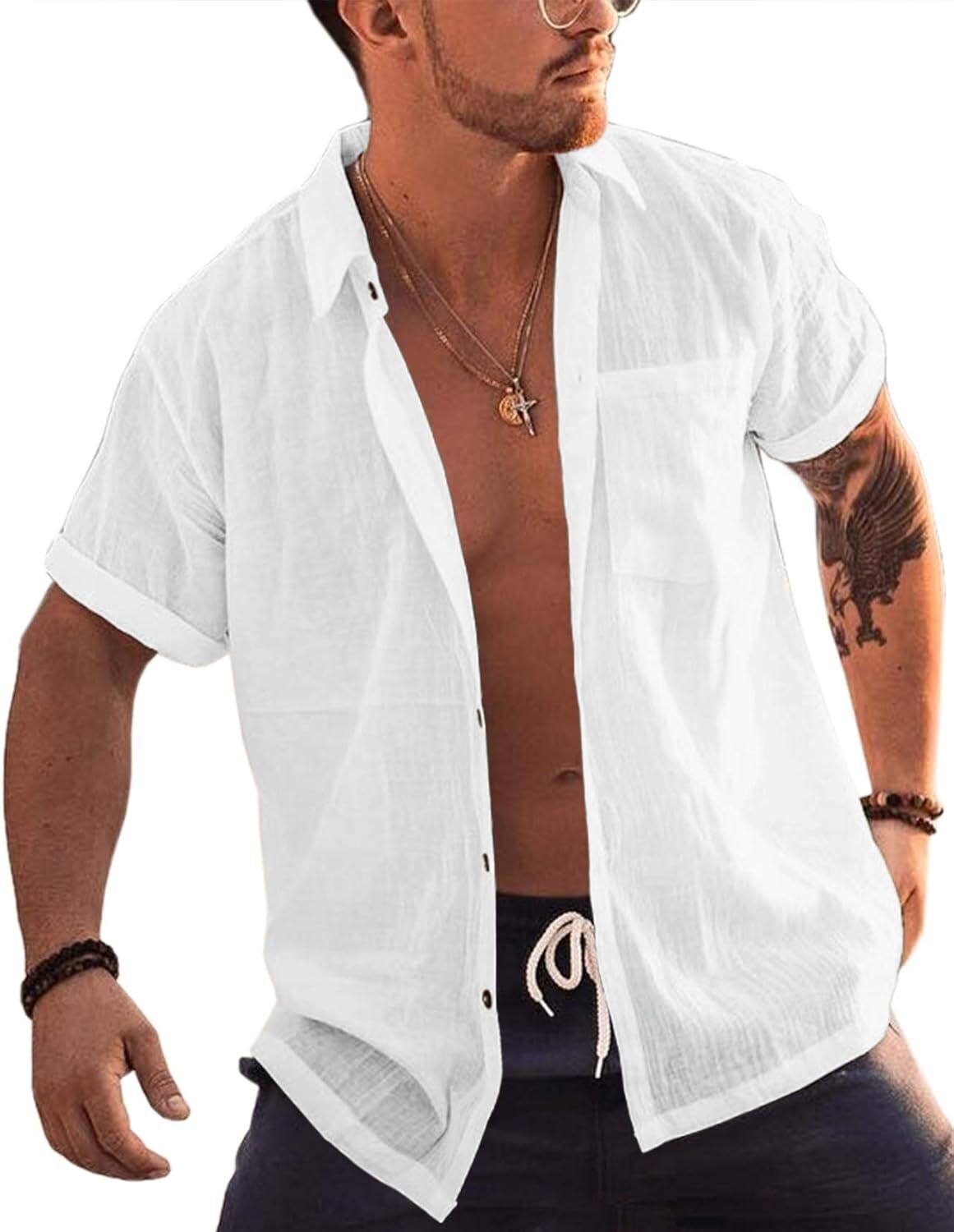 Men’s Short Sleeve Button-Up Linen Cotton Beach Shirt – Spread Collar Tops